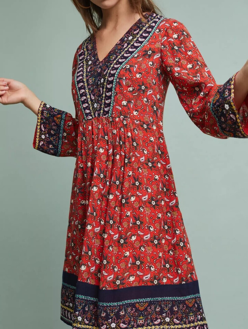 Anthropologie Rozalin Embroidered Akemi + Kin Dress with Trumpet Sleeves size MP